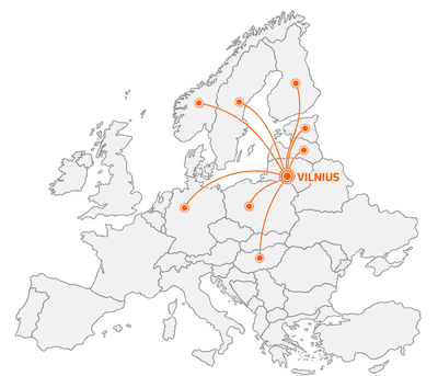 Map of Europe showing ARGO DRIVE delivery routes from Vilnius