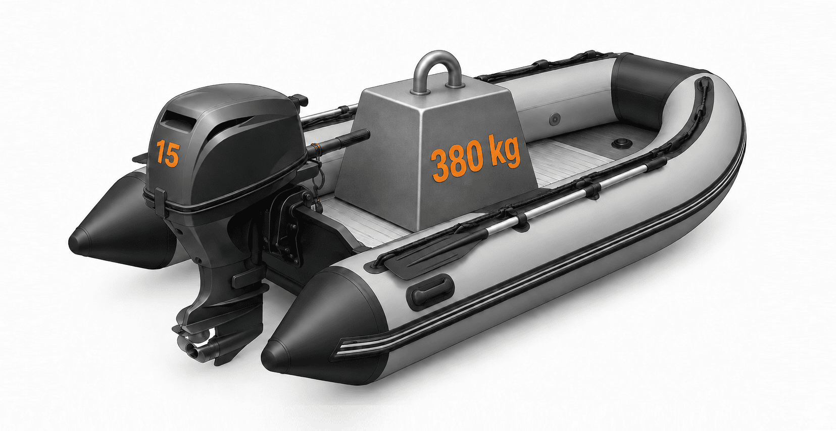 Argo-Evo 330 inflatable boat with 380 kg load capacity and 15 HP outboard motor