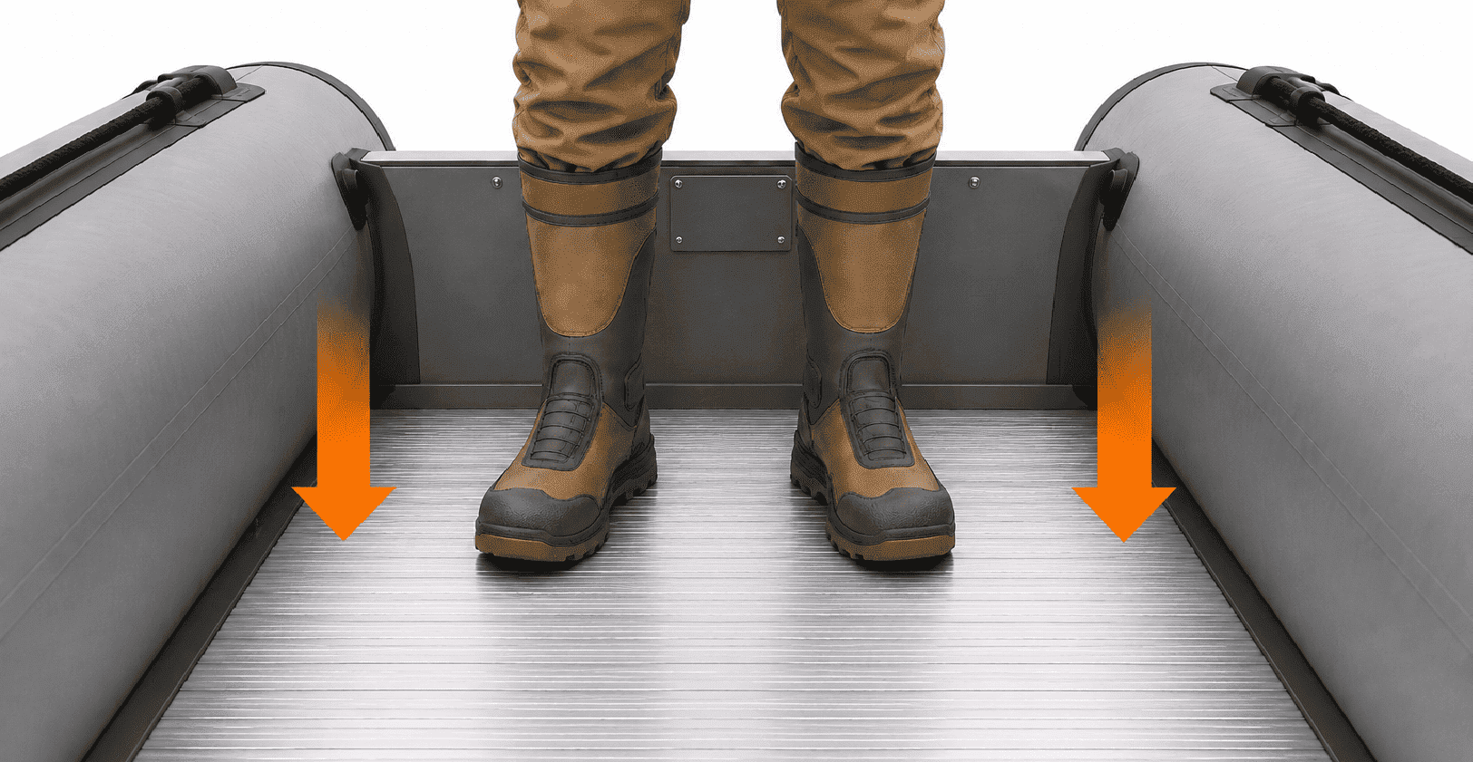 Standing on the rigid aluminum floor of the Argo-Evo 330 inflatable boat